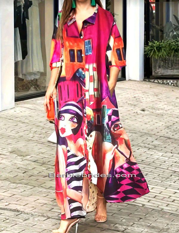 Chic & Trendy Abstract Figure Color-Block Collared Front Button Casual & Formal Long Maxi Dress