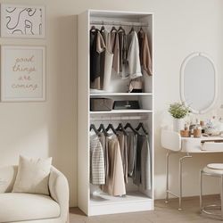 C239 $90  25'' Freestanding Closet System Walk-in Wardrobe Closet Tower White Shelves with 2 Hanging Rods, Modular Expandable Open Closet Organizers, 