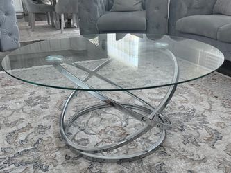 Round Glass Coffee Table Chrome Base + 2 piece end tables