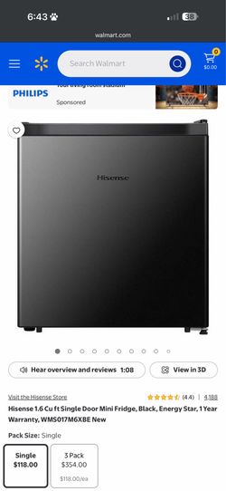 Hisense 1.6 Cu ft Single Door Mini Fridge, Black, Energy Star