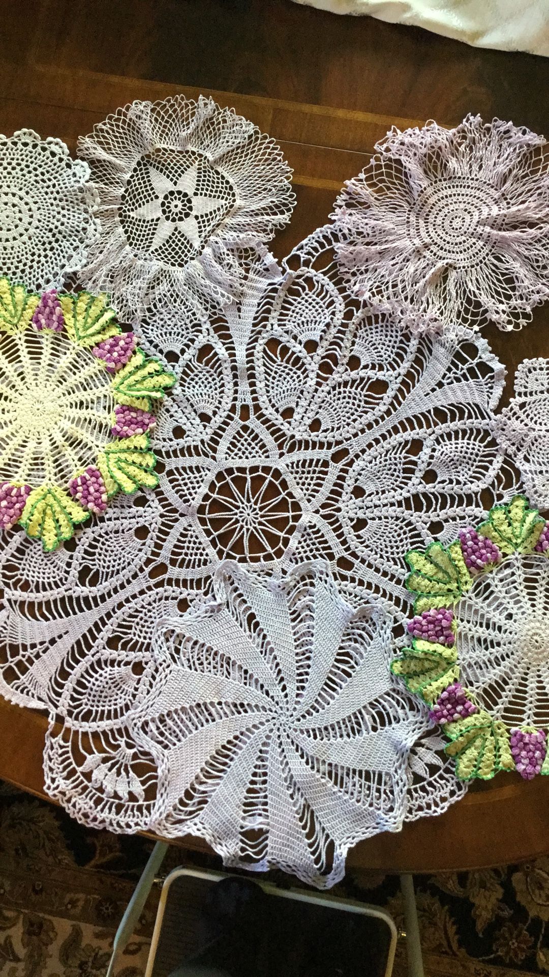Lot Sale 8 Large Vintage Purple Doilies Hand Crocheted Cotton Doily Hand Dyed 1950s Artwork Junk Journal Slow Stitch