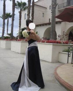 Satin Navy Blue Full-Length Designer Dress with Train, Size 10 - $50