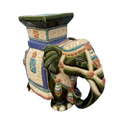 Vintage Ceramic Elephant Plant Stand Garden Green Table Top Home Boho