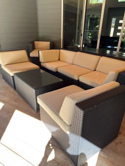 6-Piece Outdoor Wicker Patio Sectional Set with Glass-Top Coffee Table