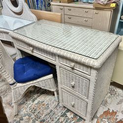 wicker desk with glass top and chair