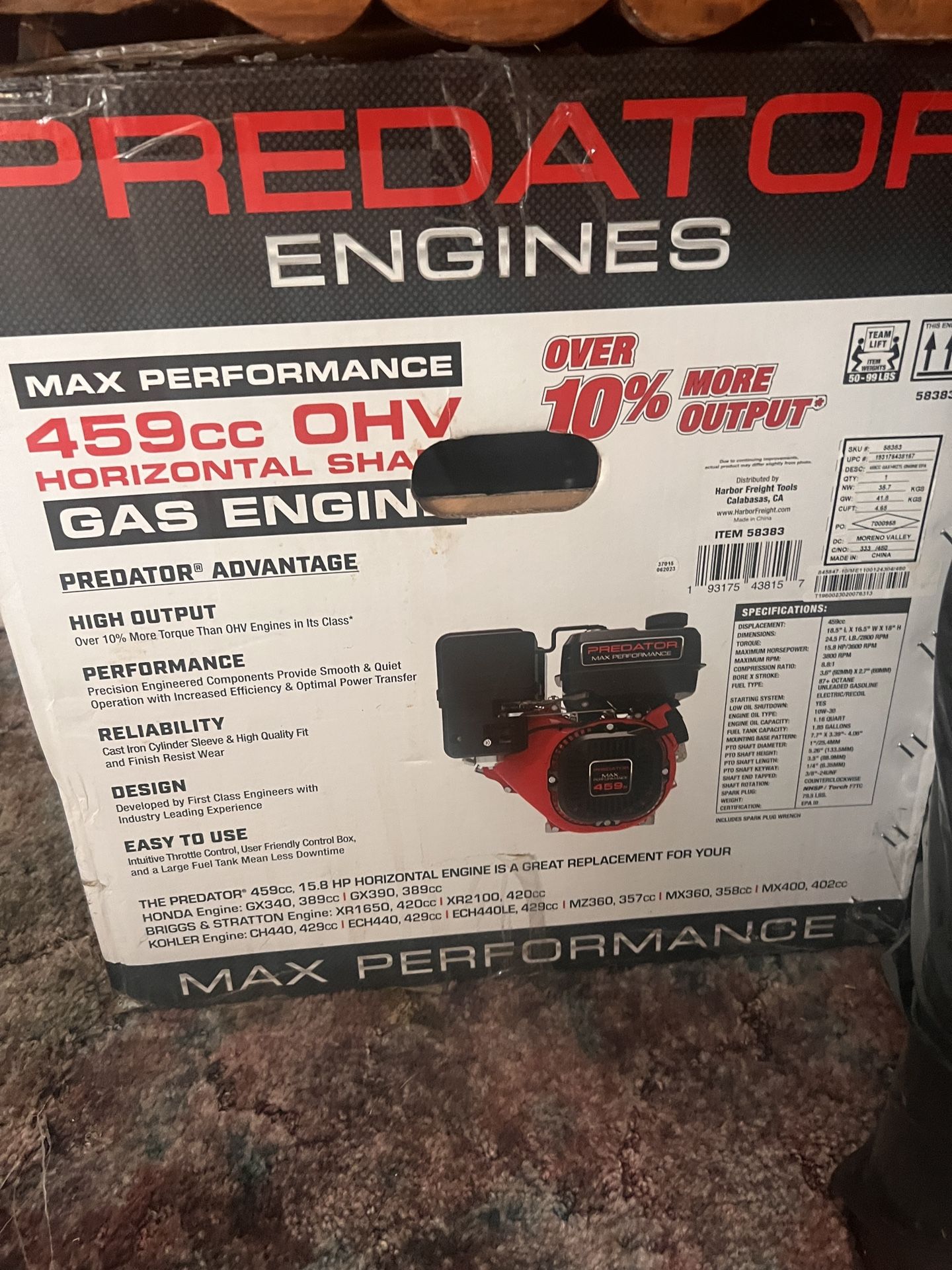 PREDATOR 15.8 HP (459cc) Max Performance OHV Horizontal-Shaft Gas Engine, EPA