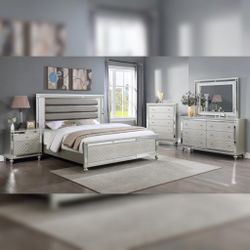 4pc Bedroom Set $1199 Queen $1299 Eastern King Includes bedframe Dresser mirror nightstand Silver Mirrored Bedroom Set
