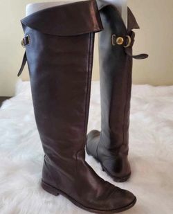 Coach Brown Leather Knee High Riding Boot Buckle Pull On Round Toe Flat