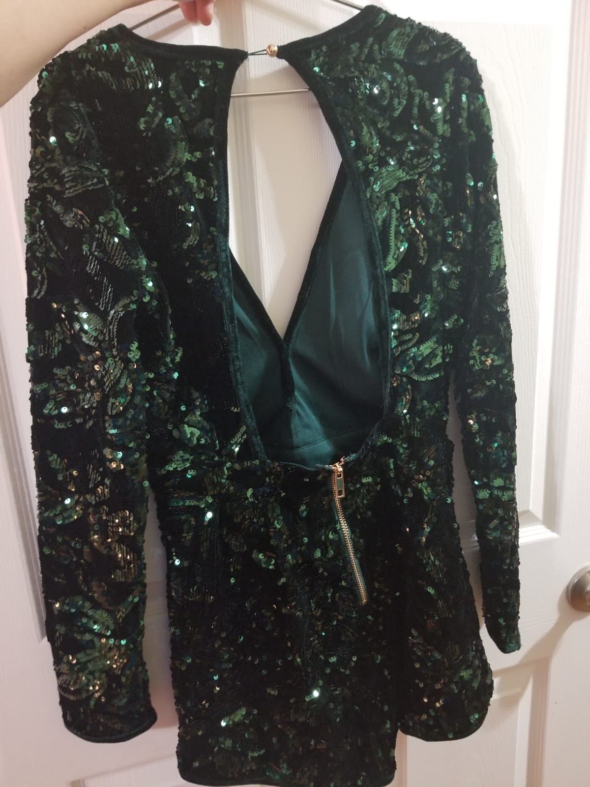 Marcellina Hunter Green Deep V Neck Sequin Velvet Romper