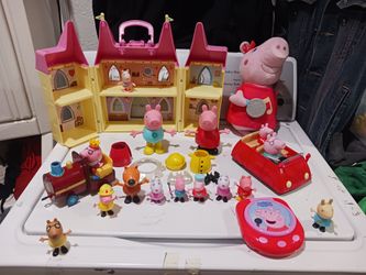 Peppa Pig toys set. Good Condition.  Castle,  train, car, Talking peppas with dress and shoes.  some action figures,  and one talking plush Peppa.