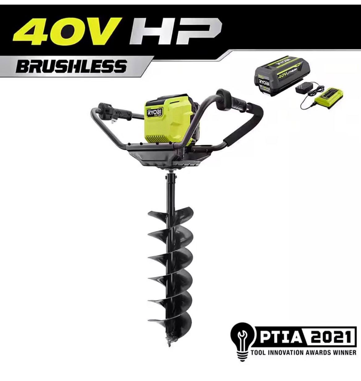RYOBI 40V HP Brushless Cordless Earth Auger Powerhead with 8 in. Bit with 4.0 Ah Battery and Charger
