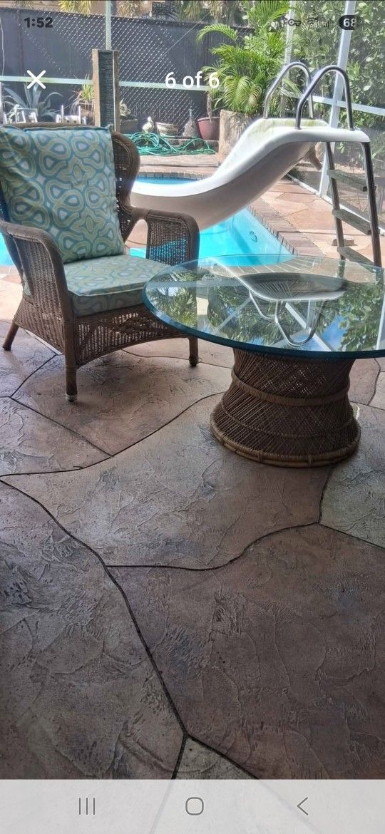 Beautiful Bamboo Spun Chair & coffee table beveled glasstop pool deck balcony spa modern mid century
