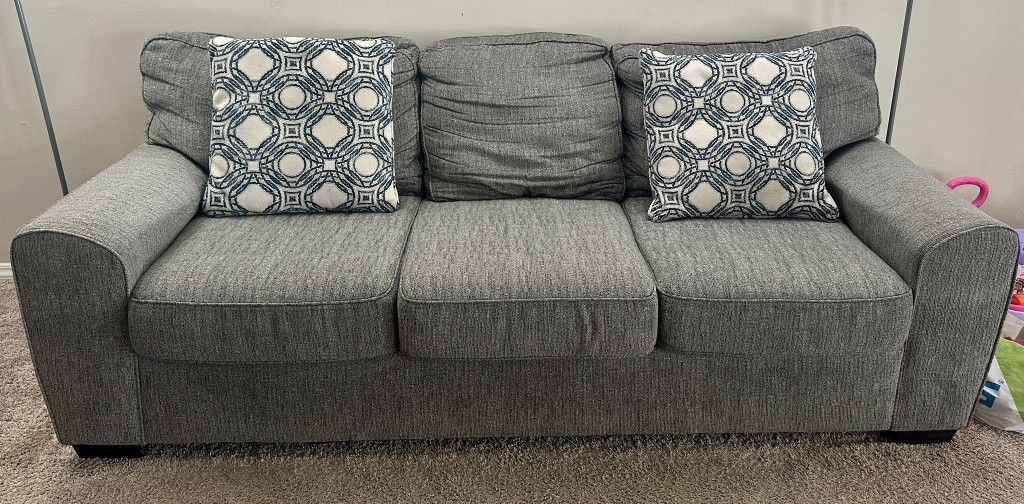 Redding Gray Chenille Sofa And Love Seats With Pillows