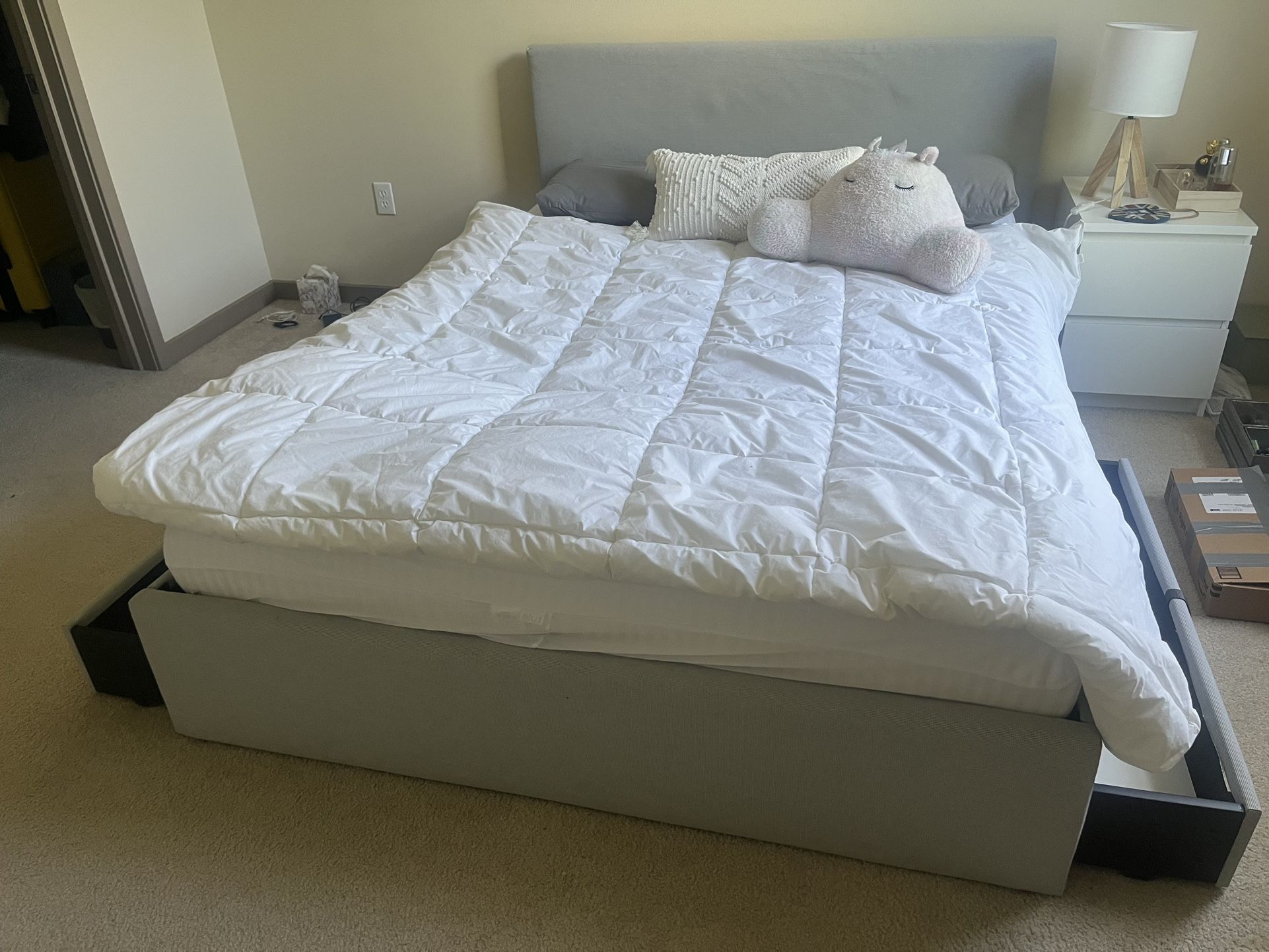 IKEA Upholstered Queen Bed 4 storage boxes, Kabusa light gray (Mattress available for additional $)