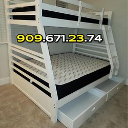 Twin/Full White Bunk bed w. Drawers & Ortho Mattresses Included 
