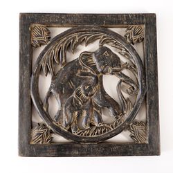 12"x11.5" Wooden Elephant Animal Wall Hanging Decor Wood Carving Sculpture Art