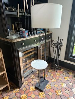 Pottery barn metal floor lamp with attached marble side table