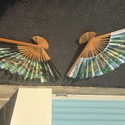 2 Vintage Hand Painted Oriental wall Fans 