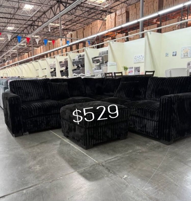 Beautiful Black Sectional Sofa With Ottoman Corduroy Fabric Material 