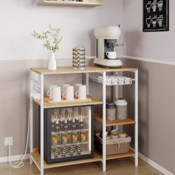Baker's Rack, Coffee Bar Stand with Charging Station, 35.6 Inches Tall, Storage Shelves, Pull-Out Wire Basket, Table for Microwave, Kitchen, Oak Beige