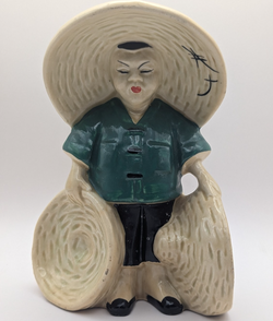 Vintage Chinoiserie Ceramic Vase Pencil Holder Chinese Rice Farmer Figural 1950s