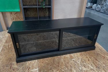 Black Wooden TV Table with Glass Sliding Doors