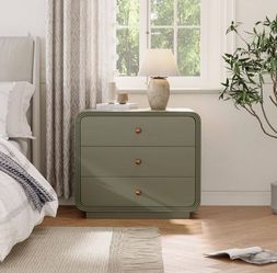 Creston Modern Olive Green 3-Drawer Curved-Edge Bedside Table Nightstand