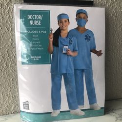 Doctor Nurse Scrubs Unisex Costume Surgical Mask,Cap and ID Lanyard kids medium New