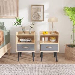 New Set of 2 Small Mid Century Modern Oak Color Nightstands with Grey Collapsible Fabric Drawers