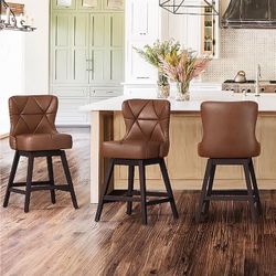 26”H Faux Leather Upholstered Swivel Bar Stools, Dark Brown (Set of 3)