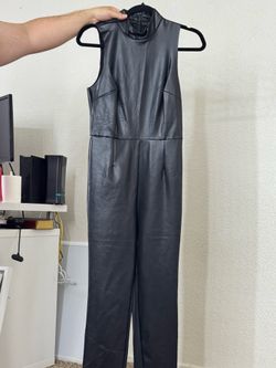Black Faux Leather Sleeveless Jumpsuit