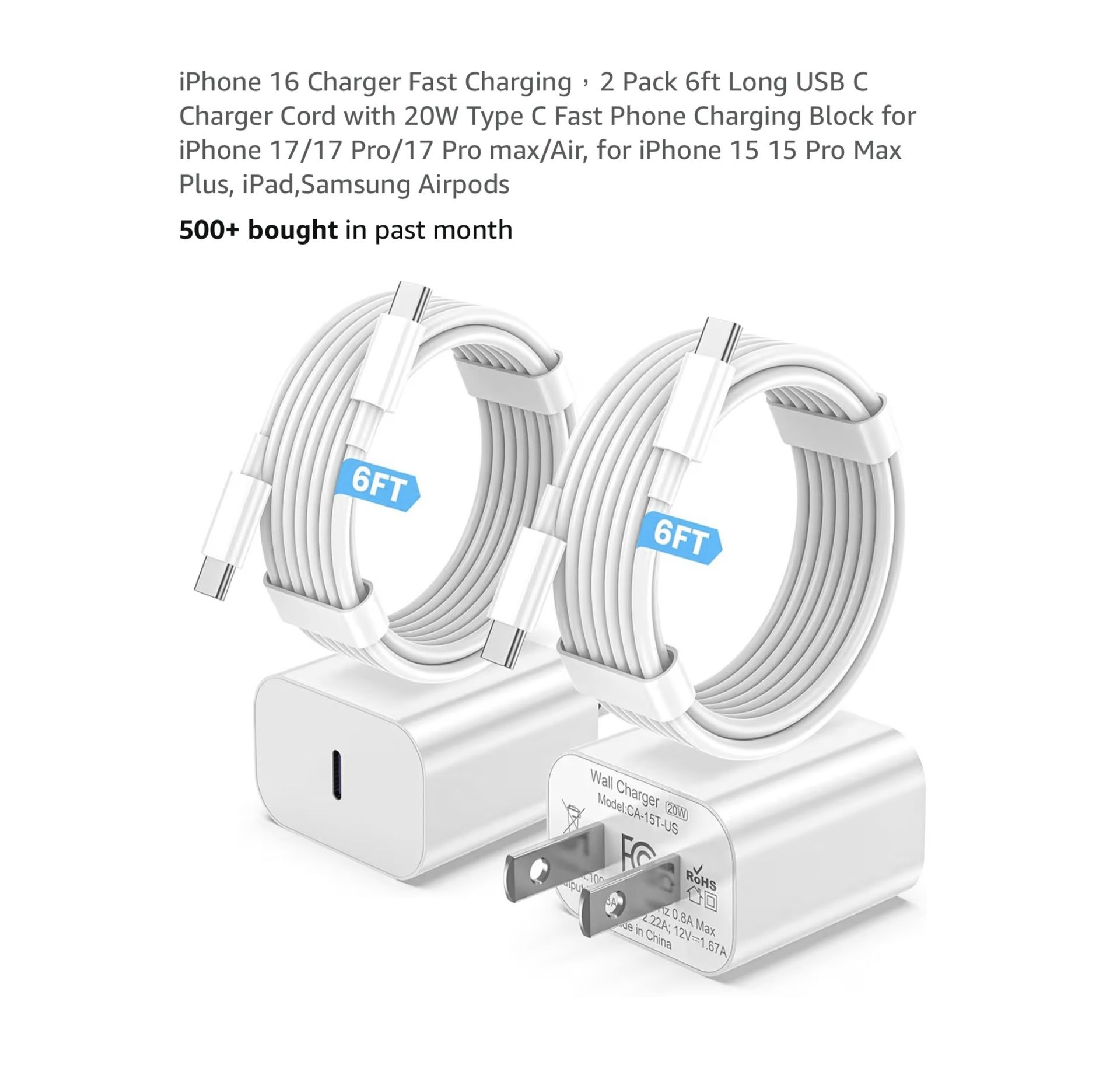 Brand new iPhone 16 Charger Fast Charging，2 Pack 6ft Long USB C Charger Cord with 20W Type C Fast Phone Charging Block for iPhone 17/17 Pro/17 Pro max