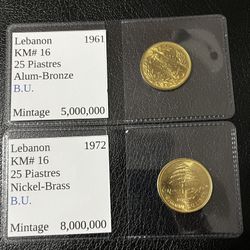 Lebanon 25 Piastres 1961, 1972, Lot of 2 Coins 
