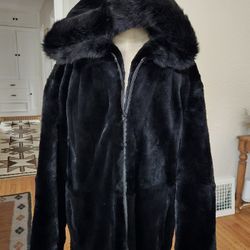 Real Black Rabbit Fur Hooded Coat Plus Size XXL  NO OFFERS 