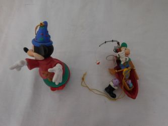 Grolier Disney Fantasia Mickey Mouse Sorcerer Christmas Magic Ornament + Disney Enesco Treasury of Christmas Ornament Mickey Goin' Fishin' Fishing B