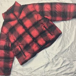 Free Shipping Old Navy Womens Water-Resistant Frost Free Short Puffer Jacket Red Plaid Size XL