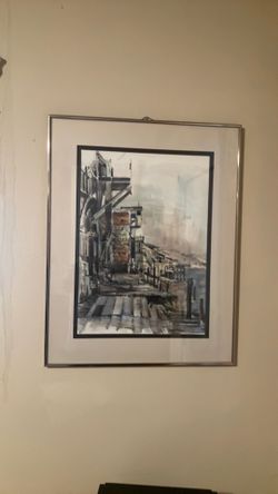 Pat Hunter water color of Monterey Dock, large, framed and matted