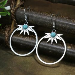 Retro Round Ancient Silver With Turquoise Rhinestones Earrings