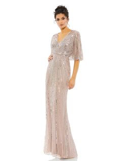 Mac Duggal Sequined V Neck Cape Sleeve Column Gown With Custom Detachable Skirt