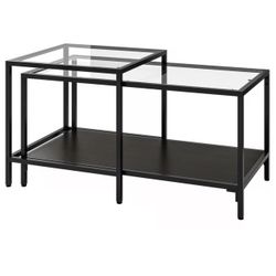 VITTSJÖNesting tables, set of 2, black-brown/glass, 35 3/8x19 5/8 "