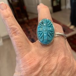 INCREDIBLE CARVED TURQUOISE RING 925