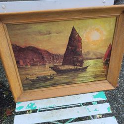 Vintage painting MCM Boat Ship Mediterranean Sampans @Sunset Wood Frame