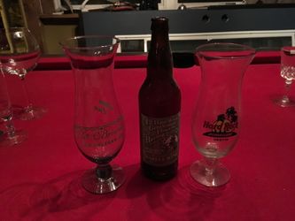 Man cave Hurricane glasses and McGuire’s Pub beer bottle