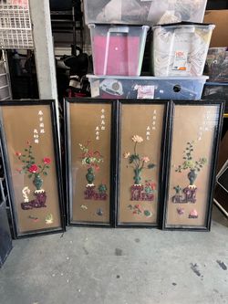 Vintage Chinese Hardstone Floral Wall Art Panels – Set of 4 – Made in Taiwan
