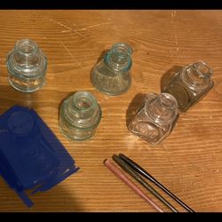 Antique Ink Bottles (5) Pens (3) 