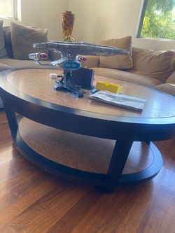 : Large Oval Wood Coffee Table – Two-Tier Design with Storage