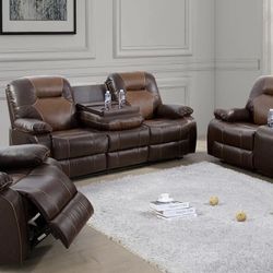 Modem Two Tone Brown Leather Fully Reclining Couch Set
