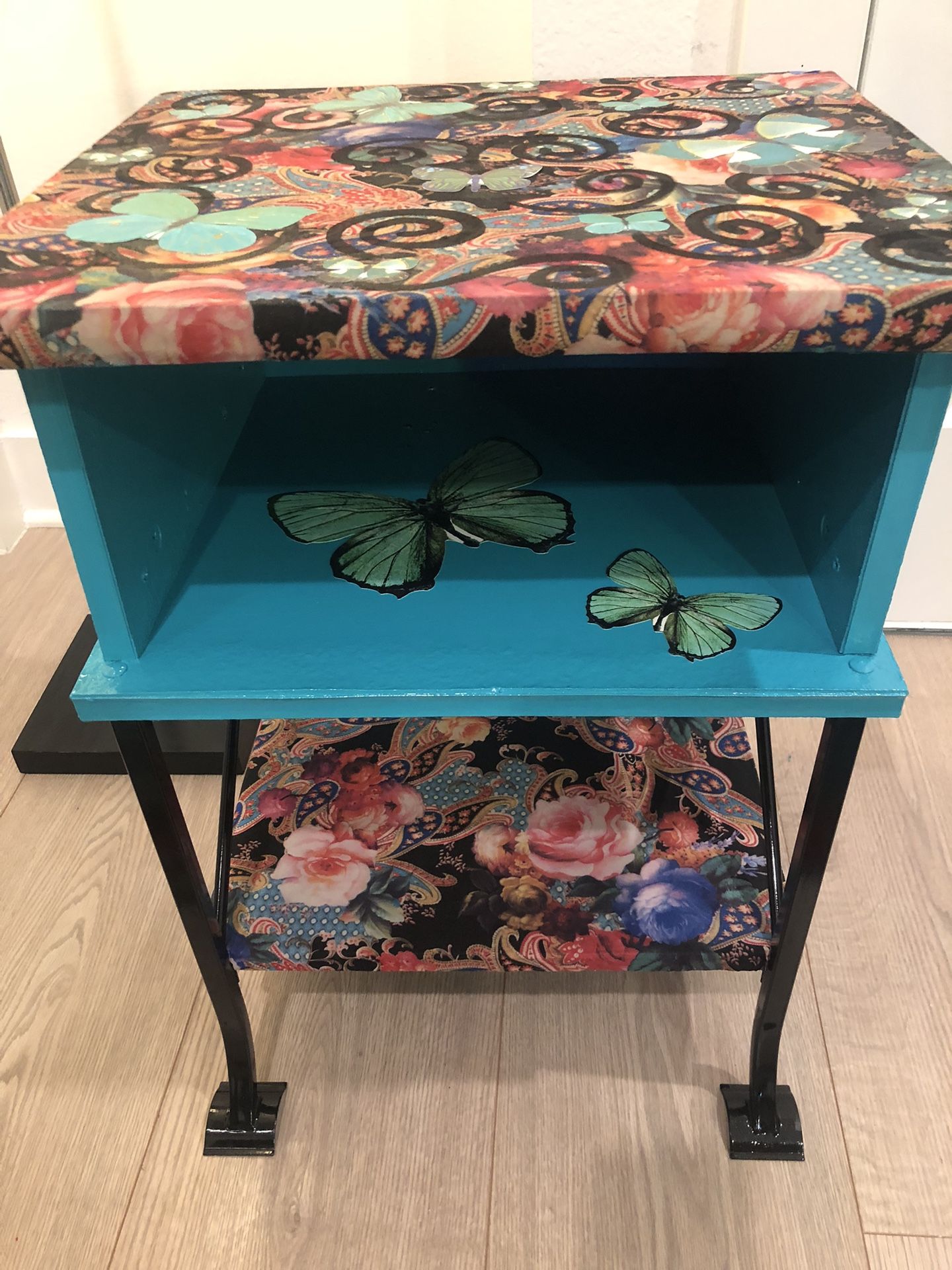 Turquoise Fabric  Wrapped Small  Shelf, With Swirls, Roses And Butterflies