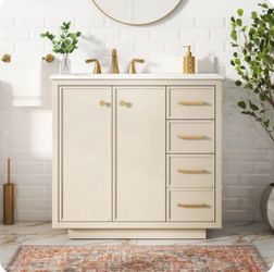 Stanfield 36-in Linen Beige Undermount Single Sink Bathroom Vanity with White Engineered