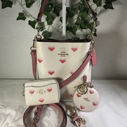 Coach Limited Edition Mollie Pink Chalk Striped Heart Bucket Bag 22- CA249 - Bundle/4 Item Gift Set 
